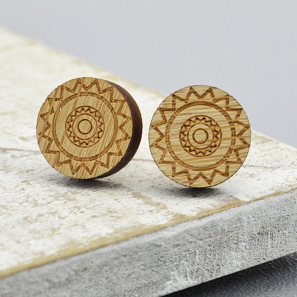 Wood Stud earrings "Mandala" Round wood Earrings