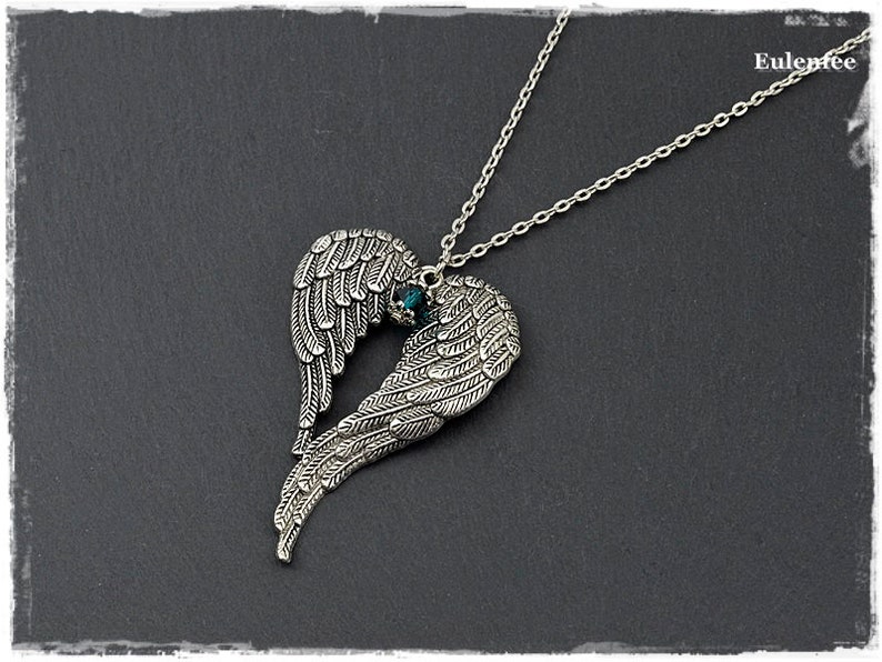 Chain Angel Wings silver necklace with wings and small glass bead, statement jewelry image 2