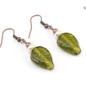 Copper earrings leaves green glass earrings image 2