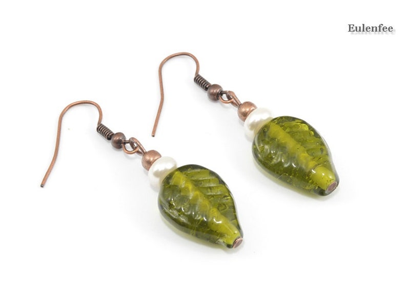 Copper earrings leaves green glass earrings image 2