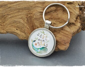 Keychain "Save our Seas" silver pendant with a glass cabochon