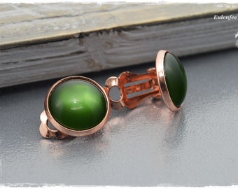 Rose gold clip-on earrings "moss green" cabochon earrings, jewelry gifts in rose gold colors