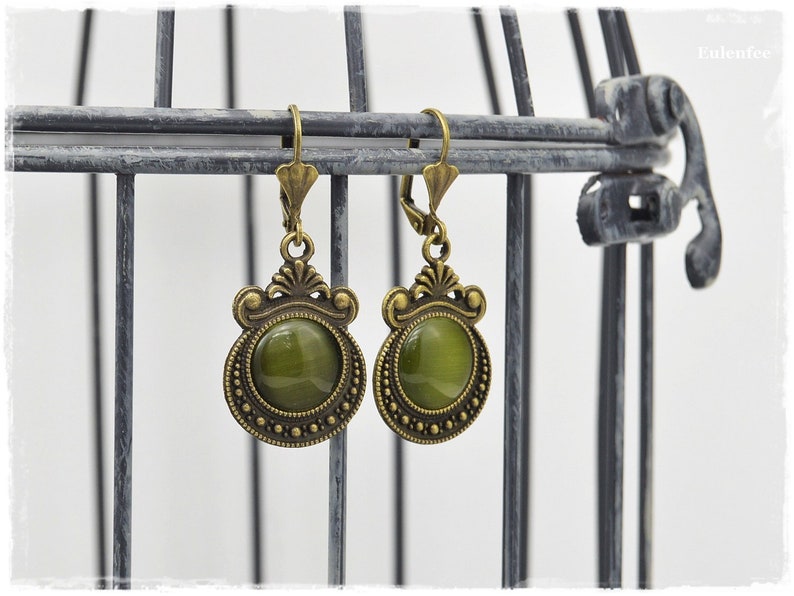 Earrings Ophelia green cateye glass cabochon, earrings in vintage style image 1