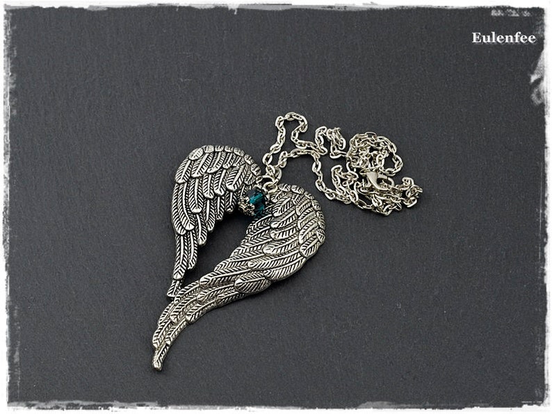 Chain Angel Wings silver necklace with wings and small glass bead, statement jewelry image 1