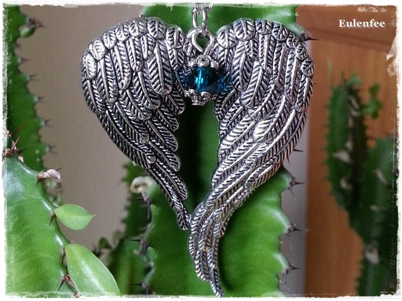 Chain Angel Wings silver necklace with wings and small glass bead, statement jewelry image 3