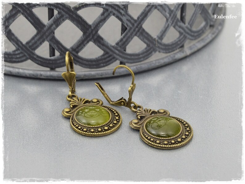 Earrings Ophelia green cateye glass cabochon, earrings in vintage style image 3