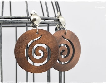 Braune Holz Ohrclips "Spirale" im Boho Stil, Natur Ohrhänger, Statement Holzohrringe, Clips hängend, Schmuck Geschenke, Muttertag