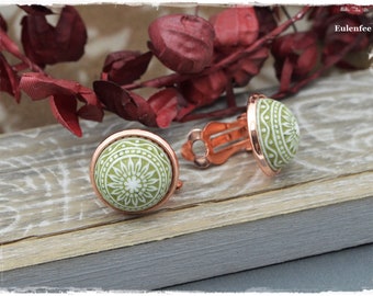 Earclips "Mosaic" Ornament Earrings, Rose Clips, Cabochon in Sage Green, Jewelry Gifts, Mother's Day