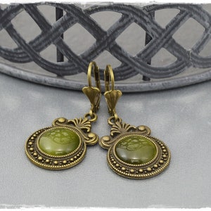 Earrings Ophelia green cateye glass cabochon, earrings in vintage style image 2