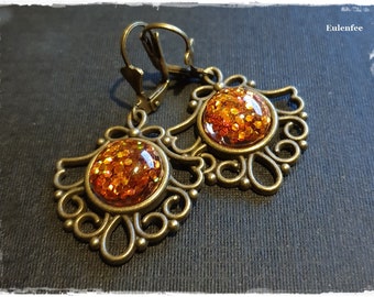 Earrings "Luise" earrings with glitter cabochons in amber, jewelry, bronze-colored hanging earrings