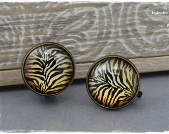 Large ear clips "Tiger-Lilly" bronze clips with tiger print, glass cabochon earrings, jewelry gifts