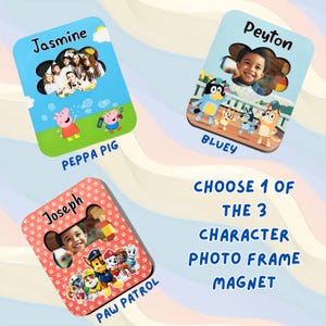 Personalized Child Refrigerator Photo Magnet Frame, Peppa Pig Paw Patrol Home Decor Laser Cut Wood Picture Holder Gift Kid Preschool Toddler
