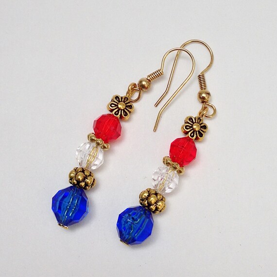 Items similar to Red, White & Blue Beaded Dangle Earrings, Gold Spacer