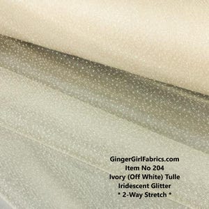 62&quot; W * Prem Off White Ivory w/Iridescent D&#39;Espirit Glitter Sparkle Tulle * Item No 204 * Price per Yard * 2-Way Stretch * Ready to Ship