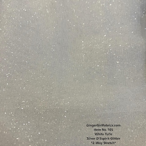 60" W * Prem White w/Silver Glitter Sparkle Tulle Fabric * Item No 105 * Price per Yard * 2-Way Stretch * Ready to Ship