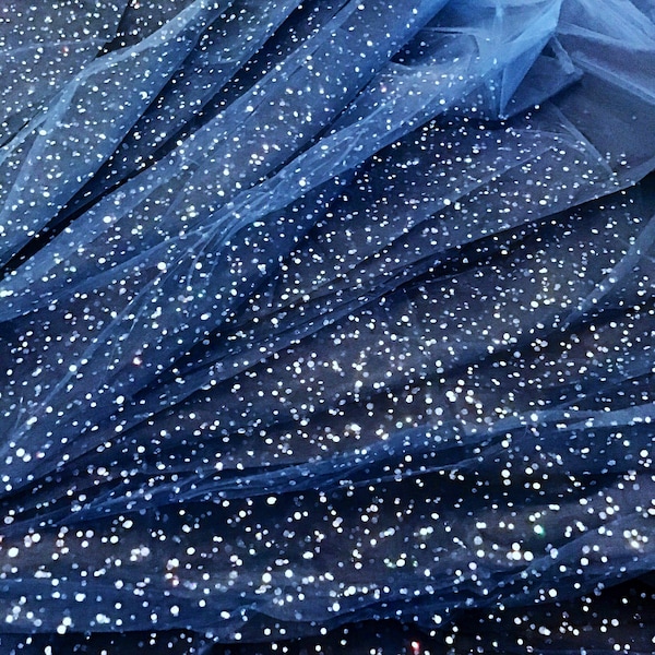 62” W * Premium Dark Blue Navy Blue Silver Rainbow Sparkle Sequin Stretch Tulle Fabric * Sold by the Yard * 2-Way Stretch * Ready to Ship