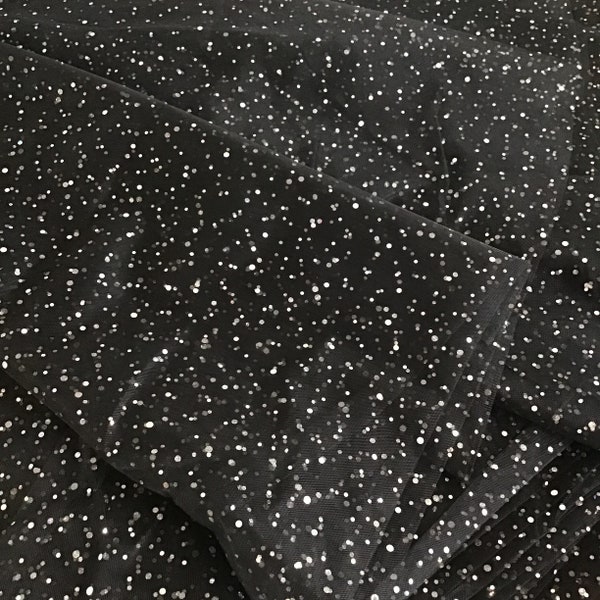 60" W * Premium Black w/Silver Rainbow Sequin Sparkle Stretch Tulle Fabric * 2-Way Stretch * Sold by the Yard * Ready to Ship