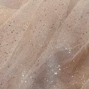 60" W * Prem Champagne Ivory w/Gold Sequins Gold Glitter Sparkle Tulle Fabric * Price per Yard * 2-Way Stretch * Ready to Ship