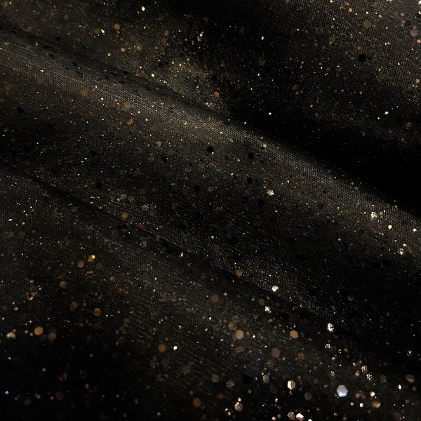 62" W * Premium Black w/Black Sequins & Black Glitter Stretch Tulle Fabric * Price per Yard * 2-Way Stretch * Ready To Ship