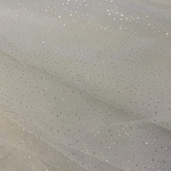 58" W * Premium Ivory Cream (Off-White) w/Silver D’Espirit Glitter Sparkle 2-Way Stretch Tulle Fabric * Priced per Yard * Ready to Ship