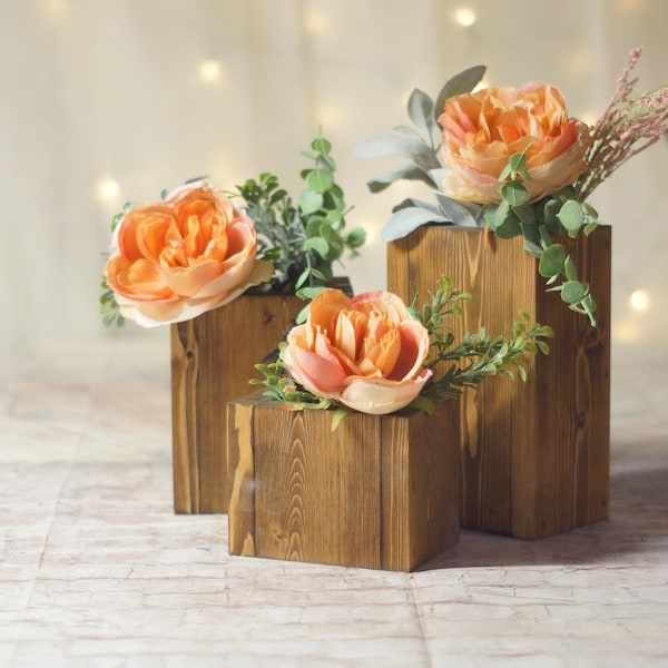 3 Wood Vase Centerpiece, Square Vase, Faux Flower Vase, Rustic Wedding Table Decoration, Farmhouse Decor, Wooden Flower Holder, Country Barn