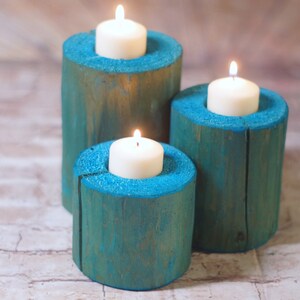 Wood candle Holders, Beach Decor, Coastal Decorations, Rustic Nautical Seaside, Bathroom Table, Living Room Mantle, Southern Cottage Blue image 5