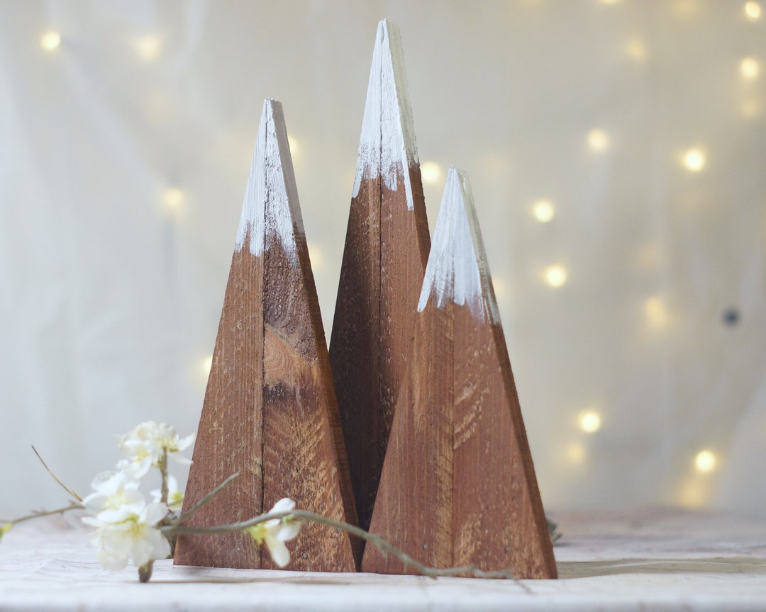 Brown Wood Mountain Decor Set, Cabin Wanderlust, Monochrome Farmhouse, Snowy Caps, Shelf Tiered