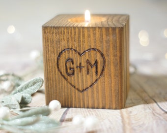 Valentines Gift, Personalized Hand Burned Candle Holder, Rustic Home Decor, Custom Engagement Gift, Reclaimed Wood Gift for her Couple