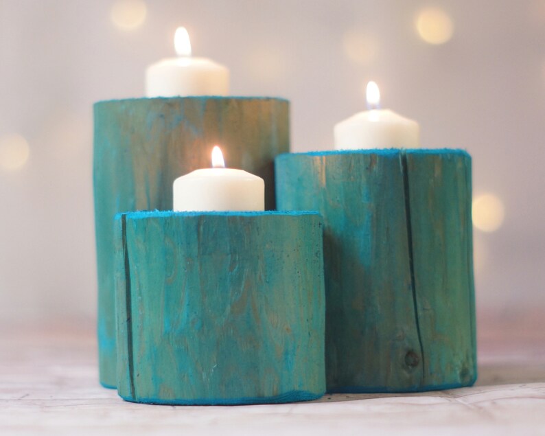 Wood tealight holder, Log candle holder, Rustic candle holder, Wood candle holder, Rustic home decor, Rustic wedding decor, Reclaimed Wood AQUA