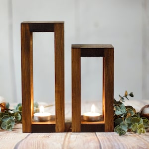 2 Wood Candle Lanterns Centerpiece, Rustic Wedding Table Decoration, Farmhouse Decor, Wooden Candle Holder, Country Barn wedding Gift