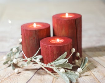 Red log Candle Holders, seasonal decor, Valentines Day Decor, Rustic Valentines Decorations Mantel, Shelf centerpeice, Valentine's Day Gift