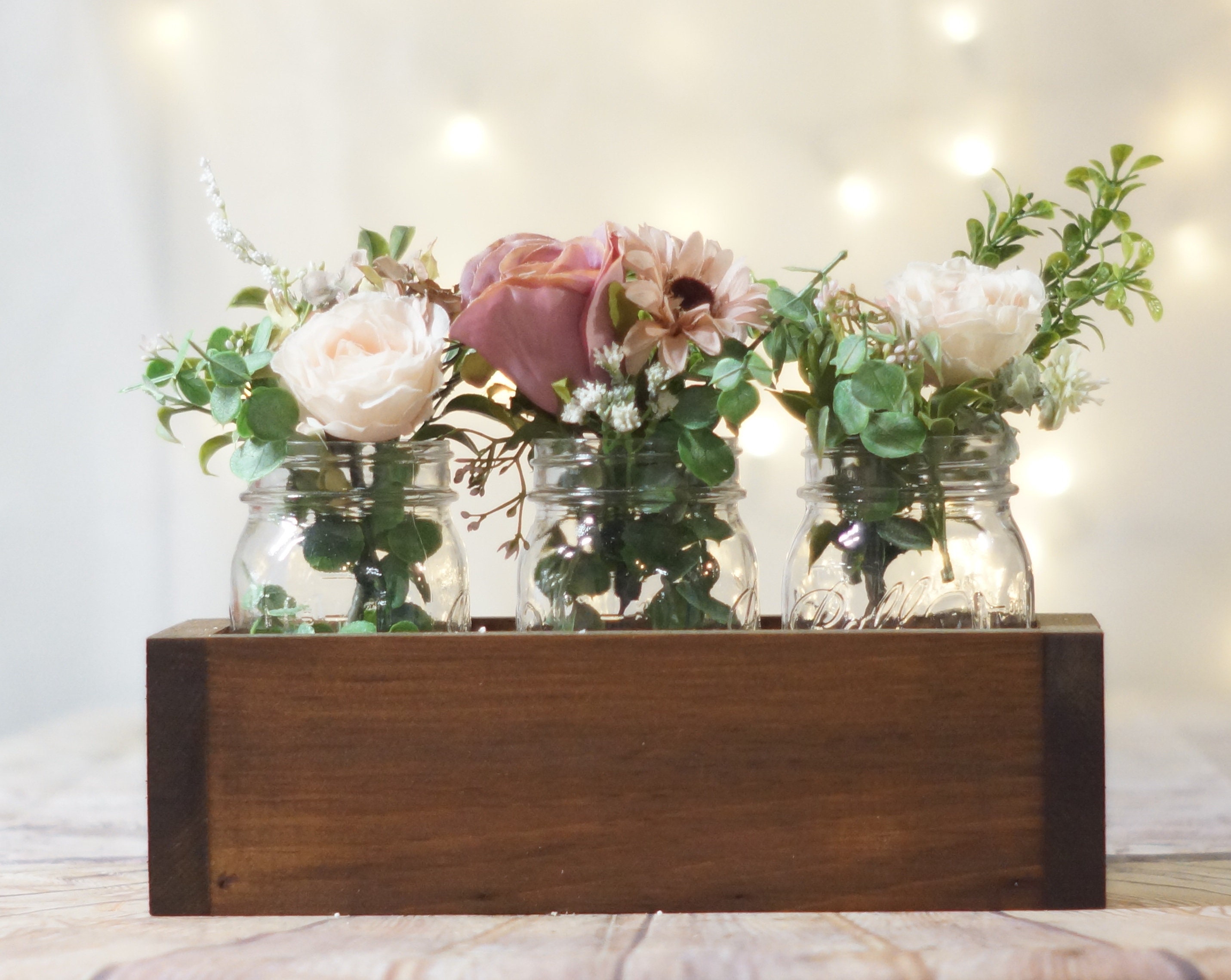 Rose centerpieces for wedding- Wood planter boxes distressed- Rose flo –  The Little Rustic Farm
