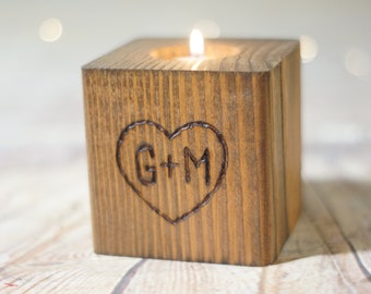 Personalized Hand Burned Candle Holder, Custom Engagement Gift, Reclaimed Unique anniversary gifts for her and eco-friendly home decor