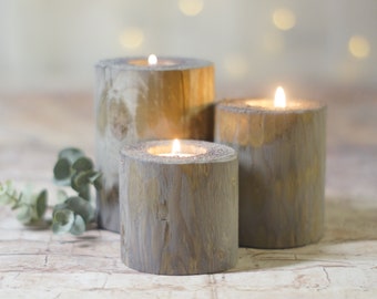 Gray Log Candle Holder, Wooden Tealight Votive, Farmhouse Decor, Rustic Home Decorations, Natural Wood Cabin Barn, Reclaimed Wood Gift ideas