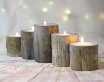 Lot de 5, bougeoirs en rondins gris, centre de table de ferme, ensemble de bougies de manteau de cheminée, centre de table de mariage, idées d'hôtesse de cadeau écologique naturel