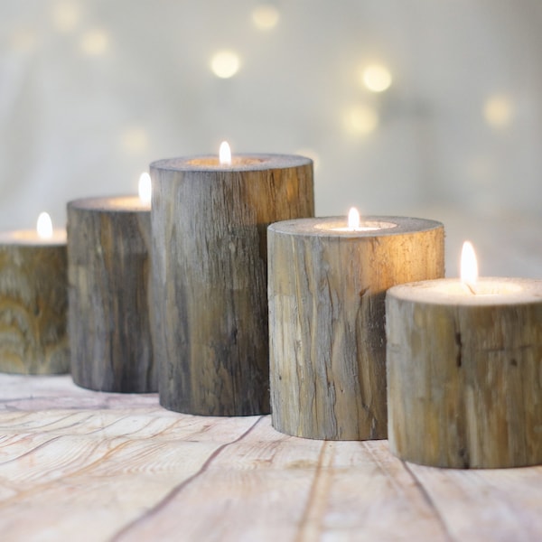 Set of 5, Gray Log Candle Holders, Farmhouse Table Centerpiece, Mantle Candle Set, Wedding Centerpiece, Natural Eco Gift Hostess ideas