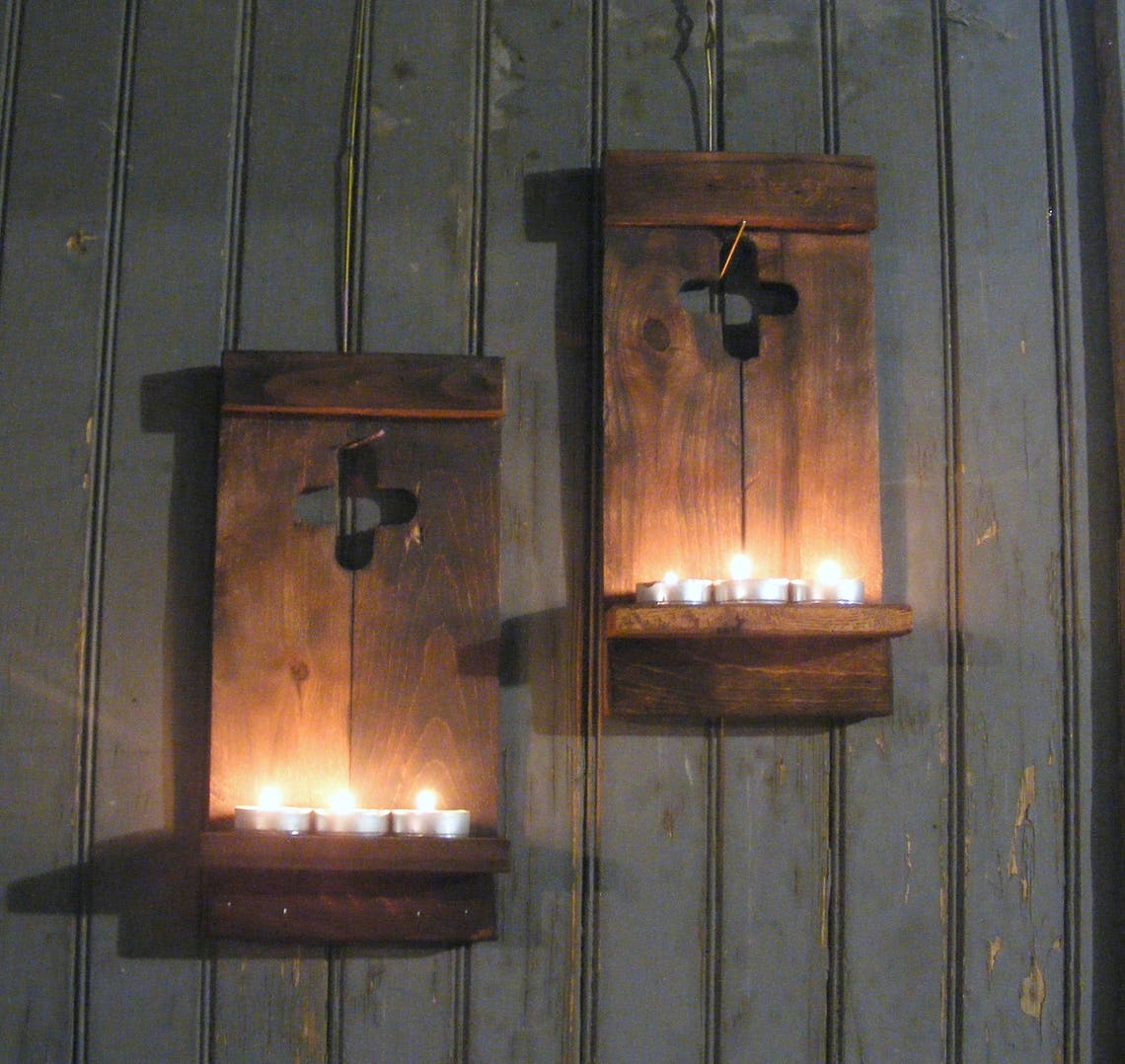 Rustic Wooden Cross Wall Sconce Set Wall Sconce Candle Wall Etsy