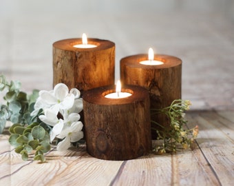 Set of 3 Log Candle Holders, Wedding Center Pieces, Fireplace Mantle, Rustic Home Decor, Farmhouse Decoration, Wood Tree Slice, DIY gift her
