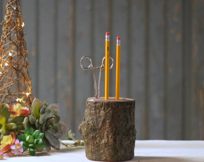 Log Pencil Holder Rustic Decor Reclaimed Wood Primitive Etsy
