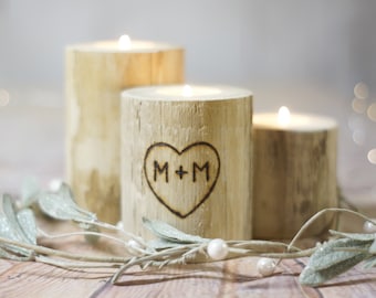 Personalized Valentines Candle Holder, Hand Burned Rustic Wood, Couple Gift