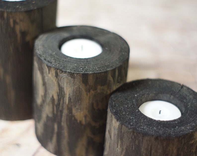 Wood tealight holder, Log candle holder, Rustic candle holder, Wood candle holder, Rustic home decor, Rustic wedding decor, Reclaimed Wood BLACK