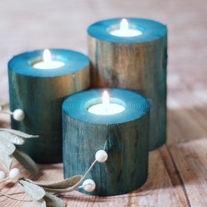 Wood candle Holders, Beach Decor, Coastal Decorations, Rustic Nautical Seaside, Bathroom Table, Living Room Mantle, Southern Cottage Blue image 1