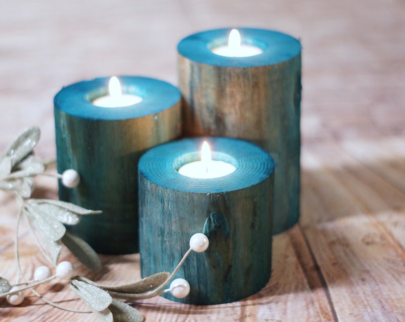 Wood candle Holders, Beach Decor, Coastal Decorations, Rustic Nautical Seaside, Bathroom Table, Living Room Mantle, Southern Cottage Blue image 1