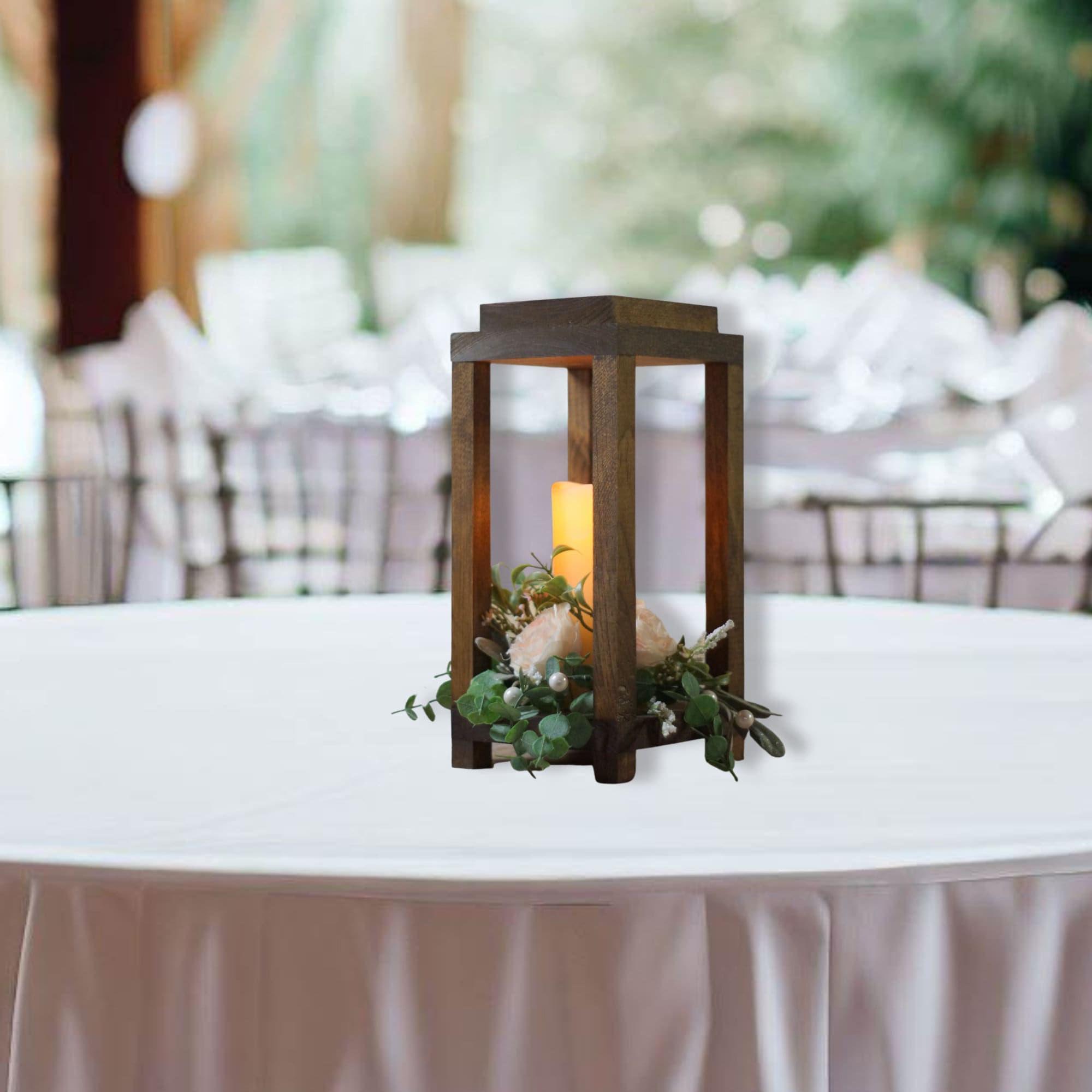 Rustic Wooden Candle Lantern, Tall Brown Centerpiece, Boho Decor