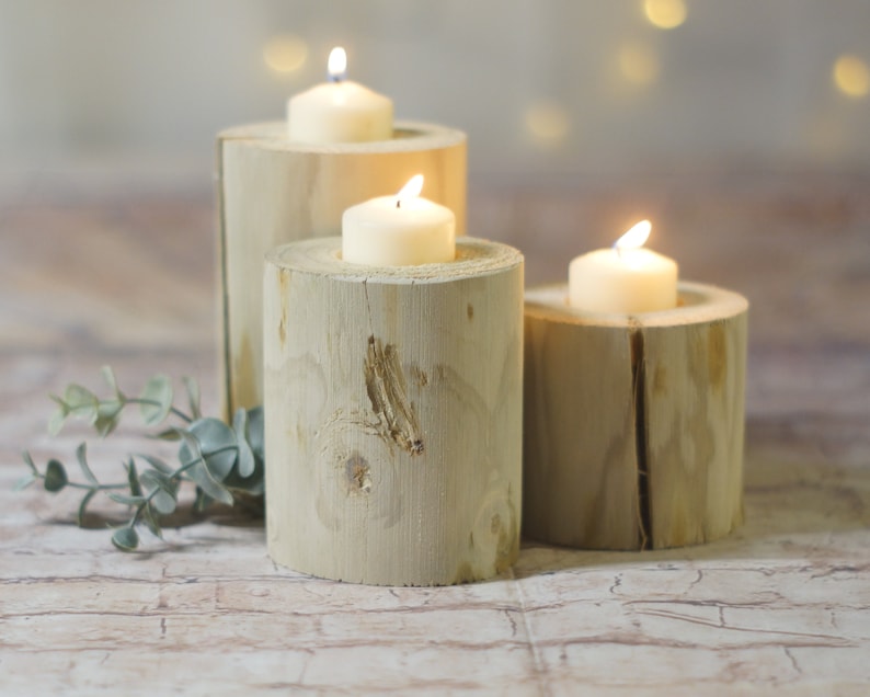 Set of 3 Log Candle Holders Wedding Center Pieces Fireplace Etsy