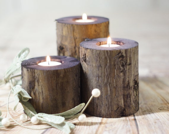 Set of 5 Rustic Chic Wedding Centerpiece Birch Bark Log Candle Holders 