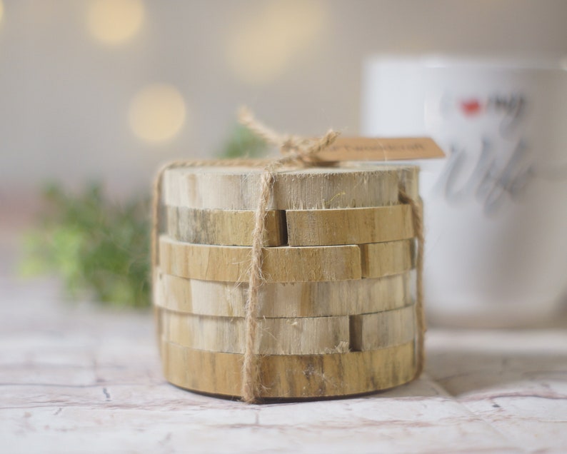 6 Natural Tree Wood Coasters, Tree Branch Wood Discs, Cut Craft Slices, reclaimed wood, rustic home decor, farmhouse kitchen, wedding favor image 3