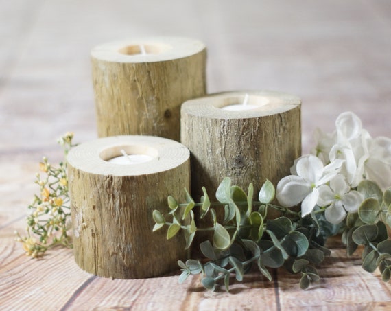 Set Of 3 Log Candle Holders Wedding Center Pieces Fireplace Etsy
