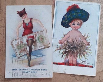 May include: Two vintage postcards. The first postcard features a woman in a red swimsuit holding a large dollar bill. The text on the postcard reads "Just getting through some money here". The second postcard features a child wearing a blue and green plaid hat and a skirt made of flowers. The text on the postcard reads "Fred Spurgin".