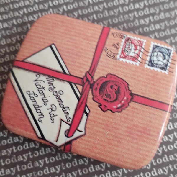 Dodo Designs  miniature vintage tin, brown paper wrapped parcel with string, seal, address and stamps.